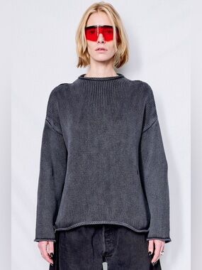 Demylee NY Minimalist Dark Gray Cotton Knit Mockneck Sweater Sz M Coastal Casual